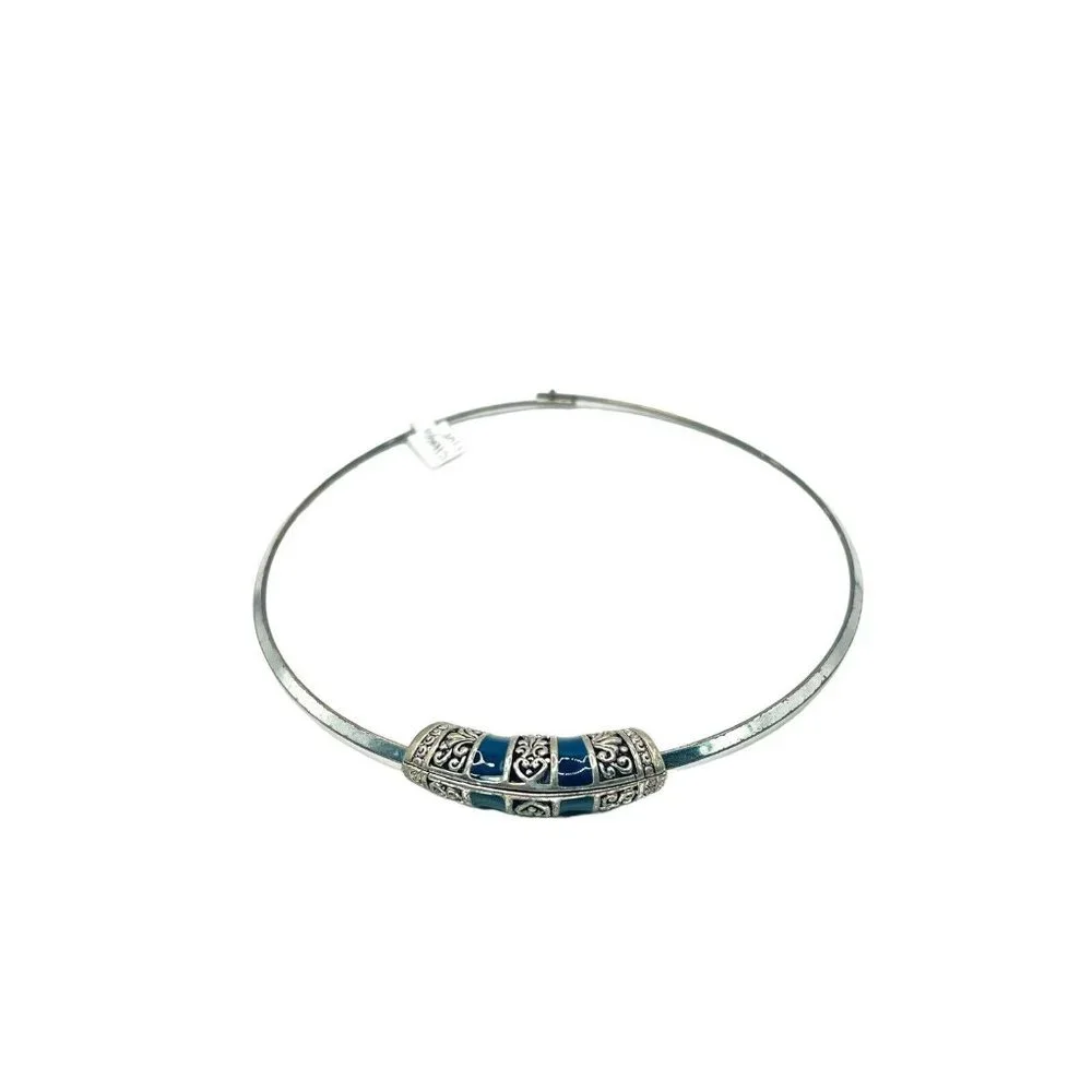 Tibetan Silver Filligree Sliding Pendant Charm Blue EnameL Necklace Choker VNTG - Picture 6 of 8